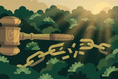 Illustration: a gavel beside a broken chain over a dark forest canopy at dawn, symbolising the Shakahola cult verdict