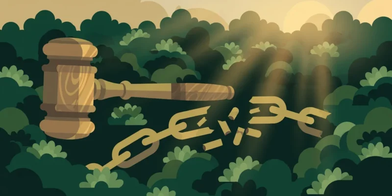 Illustration: a gavel beside a broken chain over a dark forest canopy at dawn, symbolising the Shakahola cult verdict
