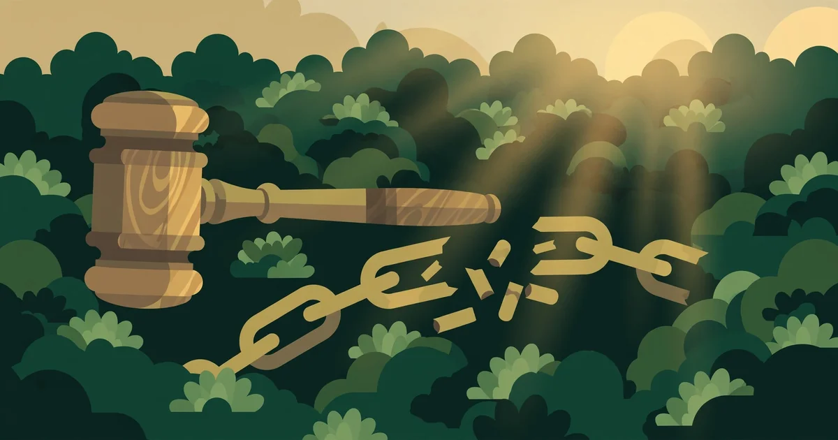 Illustration: a gavel beside a broken chain over a dark forest canopy at dawn, symbolising the Shakahola cult verdict