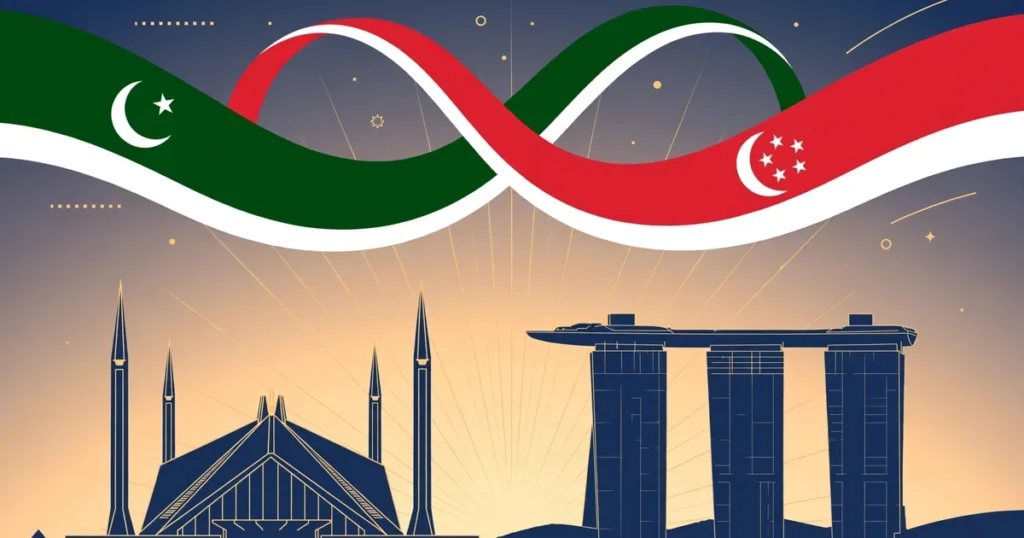 Conceptual illustration of Pakistan and Singapore flag ribbons intertwining above the skylines of Islamabad and Singapore