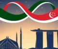 Conceptual illustration of Pakistan and Singapore flag ribbons intertwining above the skylines of Islamabad and Singapore