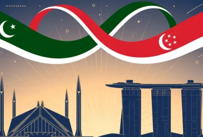 Conceptual illustration of Pakistan and Singapore flag ribbons intertwining above the skylines of Islamabad and Singapore