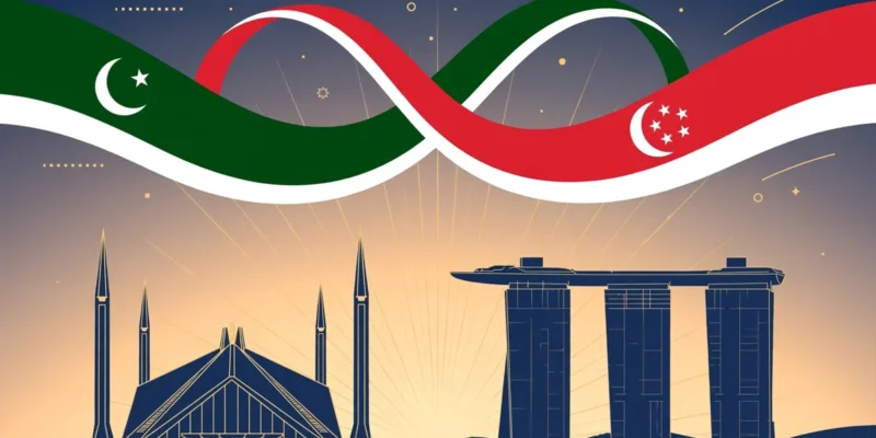 Conceptual illustration of Pakistan and Singapore flag ribbons intertwining above the skylines of Islamabad and Singapore