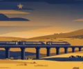 Flat illustration of a high-speed train crossing a viaduct over golden Spanish countryside at dusk