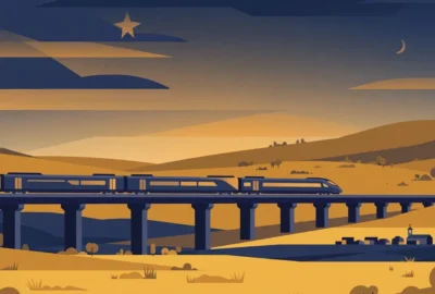 Flat illustration of a high-speed train crossing a viaduct over golden Spanish countryside at dusk