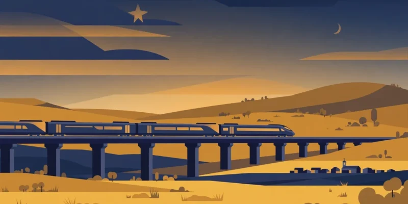 Flat illustration of a high-speed train crossing a viaduct over golden Spanish countryside at dusk