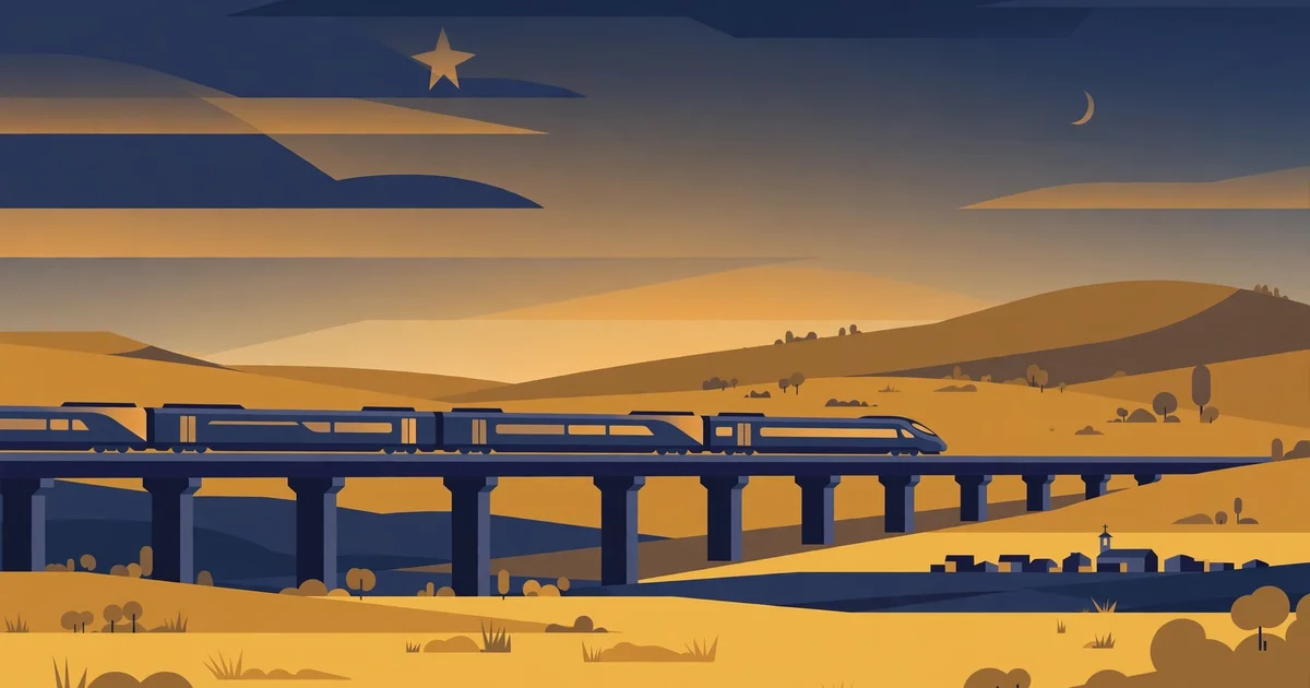 Flat illustration of a high-speed train crossing a viaduct over golden Spanish countryside at dusk