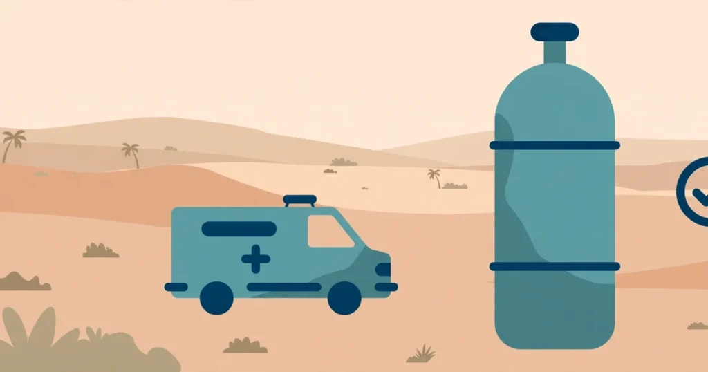 Flat illustration of an ambulance and a large oxygen cylinder in a desert landscape