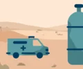 Flat illustration of an ambulance and a large oxygen cylinder in a desert landscape