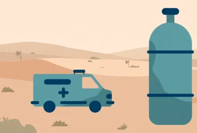 Flat illustration of an ambulance and a large oxygen cylinder in a desert landscape