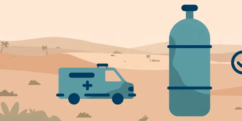 Flat illustration of an ambulance and a large oxygen cylinder in a desert landscape