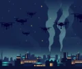 Illustration: stylised drone silhouettes over a night industrial skyline with rising smoke, symbolising the record drone barrage on Russia