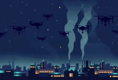 Illustration: stylised drone silhouettes over a night industrial skyline with rising smoke, symbolising the record drone barrage on Russia