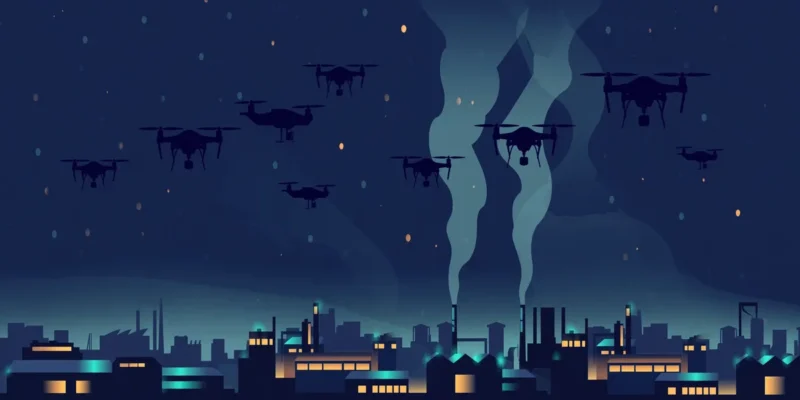 Illustration: stylised drone silhouettes over a night industrial skyline with rising smoke, symbolising the record drone barrage on Russia