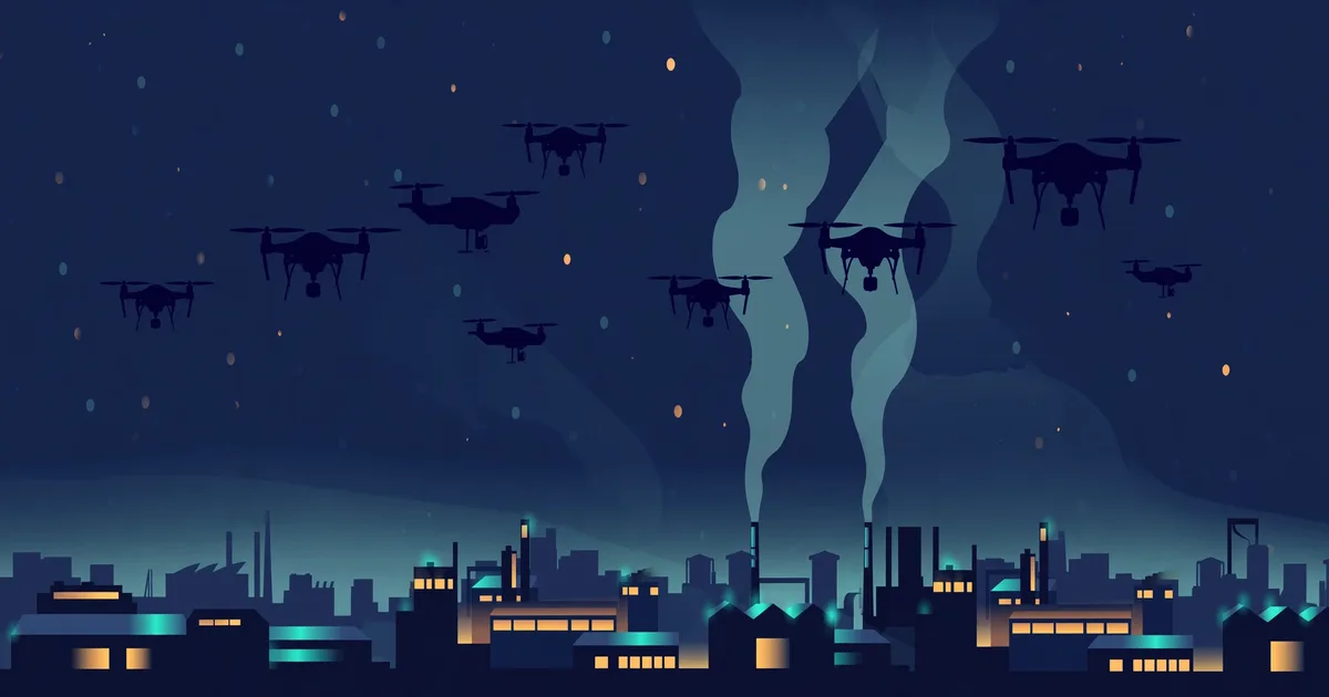 Illustration: stylised drone silhouettes over a night industrial skyline with rising smoke, symbolising the record drone barrage on Russia
