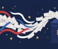 Conceptual illustration of paper ballots flowing into a ballot box with red, white and blue ribbons and gold stars on a dark navy background