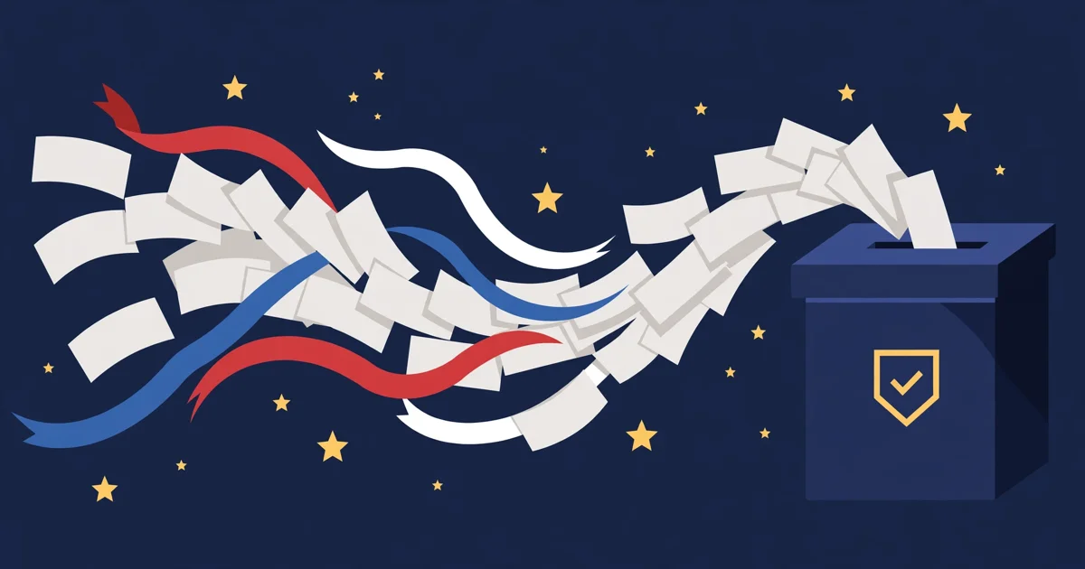 Conceptual illustration of paper ballots flowing into a ballot box with red, white and blue ribbons and gold stars on a dark navy background