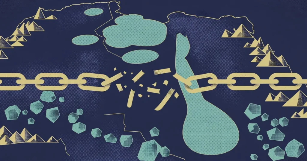 Conceptual illustration of a stylised map of Central Africa's Great Lakes region with a broken gold chain and mineral shapes on a navy background.