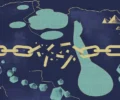 Conceptual illustration of a stylised map of Central Africa's Great Lakes region with a broken gold chain and mineral shapes on a navy background.