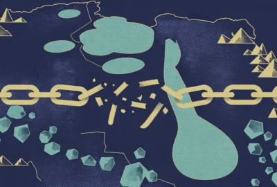 Conceptual illustration of a stylised map of Central Africa's Great Lakes region with a broken gold chain and mineral shapes on a navy background.