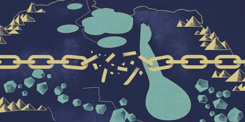 Conceptual illustration of a stylised map of Central Africa's Great Lakes region with a broken gold chain and mineral shapes on a navy background.