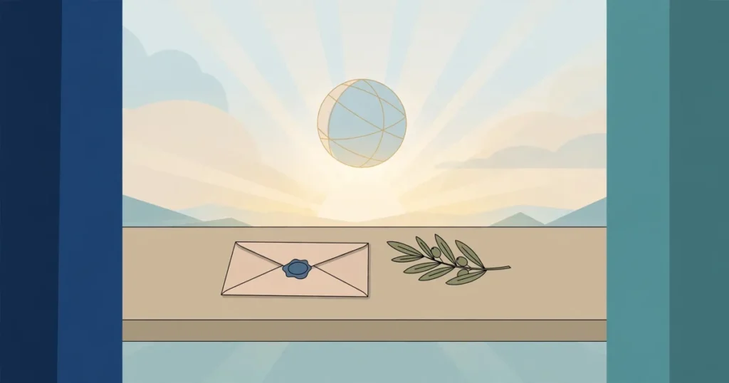 Flat illustration of a sealed letter and an olive branch on a negotiating table beneath a stylised globe
