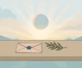 Flat illustration of a sealed letter and an olive branch on a negotiating table beneath a stylised globe