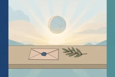 Flat illustration of a sealed letter and an olive branch on a negotiating table beneath a stylised globe