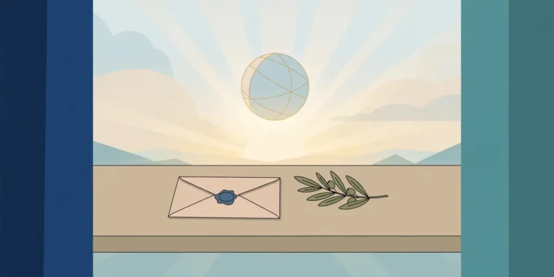 Flat illustration of a sealed letter and an olive branch on a negotiating table beneath a stylised globe